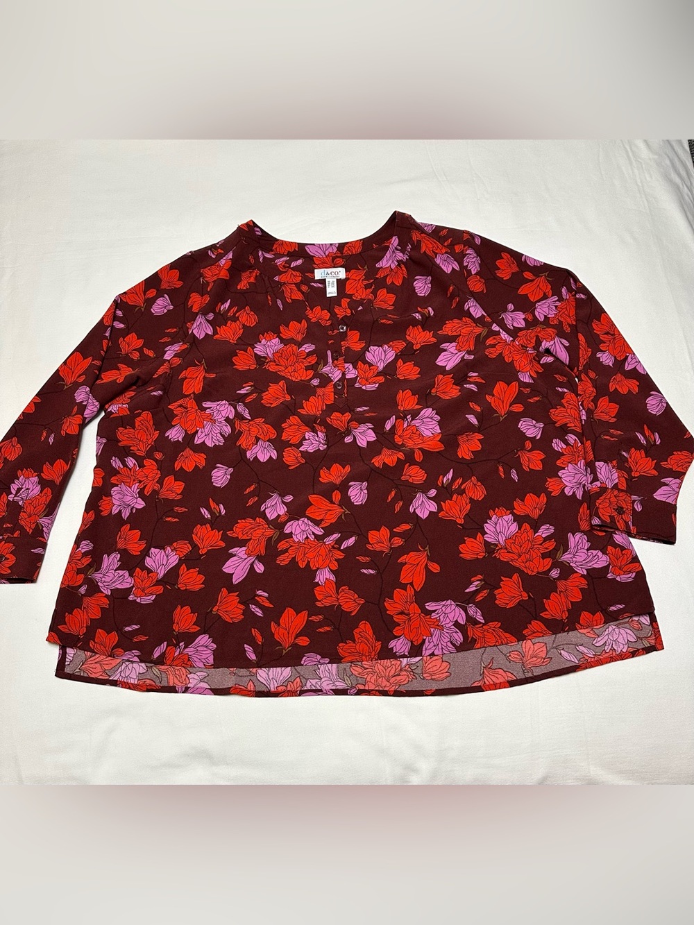 Denim & Co. Floral Blouse With High-Low Hem - Burgundy w/ Red & Pink Pattern